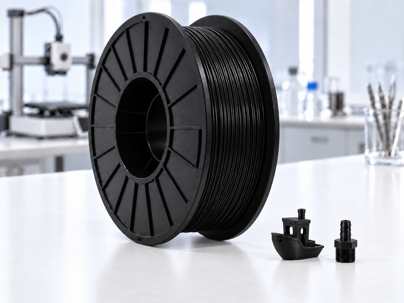 Fluorinar-B™ black PVDF filament spool beside a small 3D printed boat and hose barb on a clean white laboratory table.