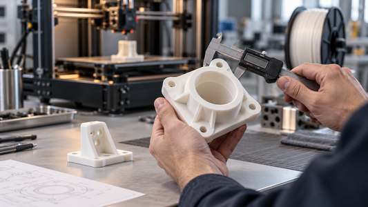 AI illustration of an engineer measuring a white 3D printed PVDF component with calipers.
