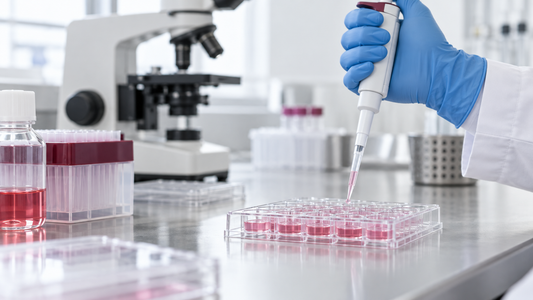 Illustration of a gloved hand pipetting liquid into a cell culture plate for cytotoxicity testing.