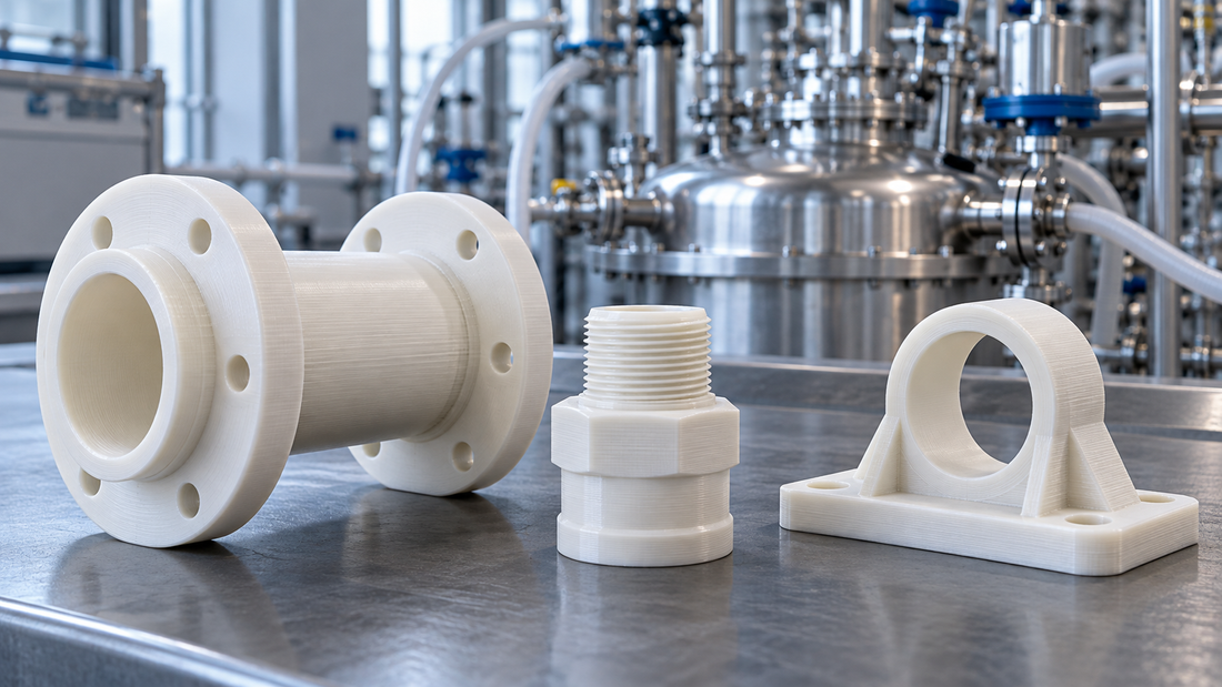 AI illustration of PVDF printed fittings and a bracket in a chemical processing setting.