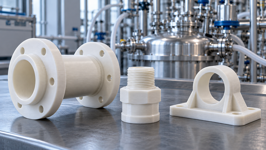 AI illustration of PVDF printed fittings and a bracket in a chemical processing setting.