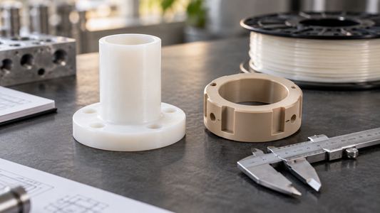 AI illustration of white PVDF and tan PEEK engineering parts for material selection.