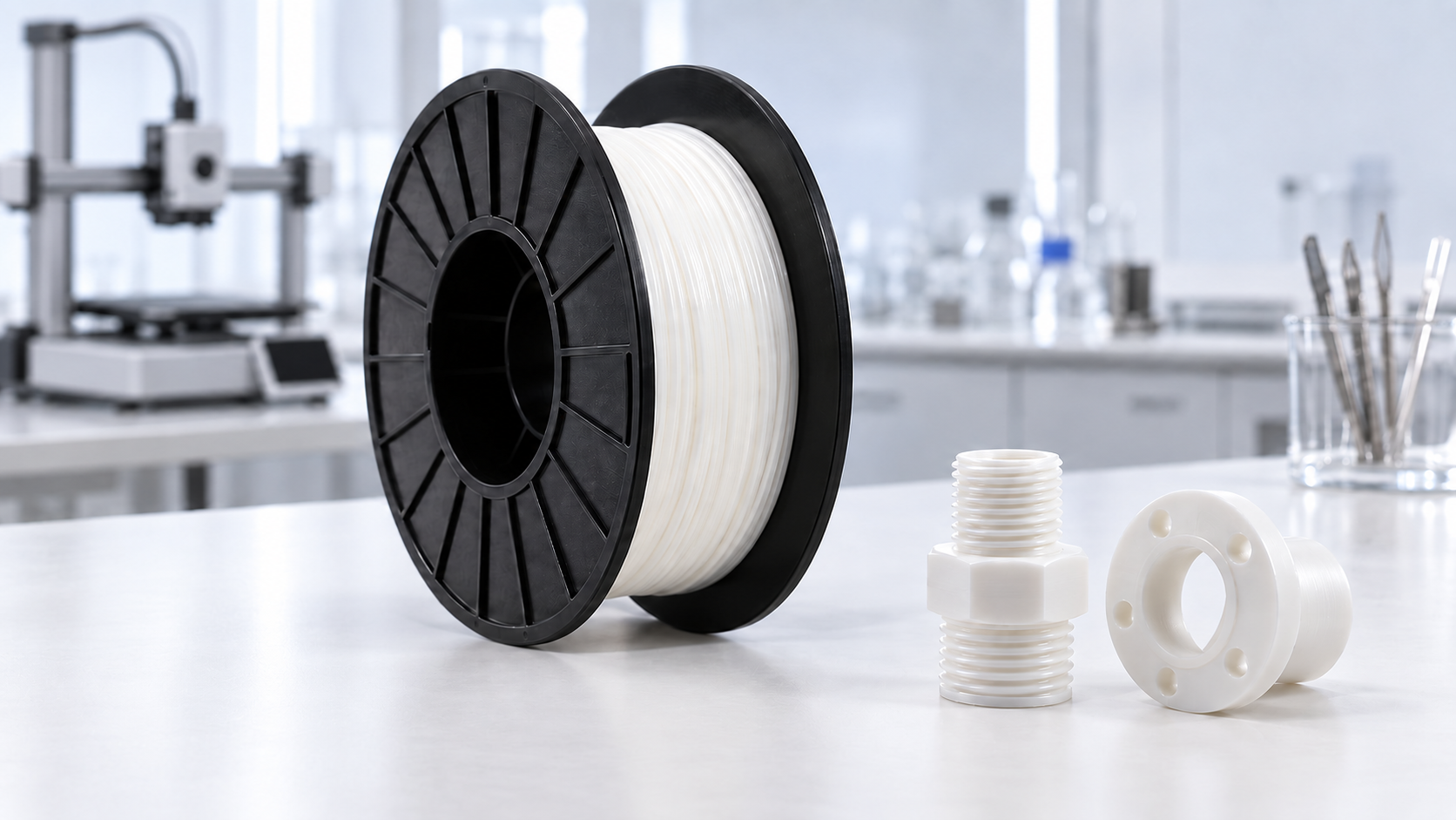 White Fluorinar™ PVDF filament on a black spool beside 3D printed threaded fittings on a clean laboratory table.