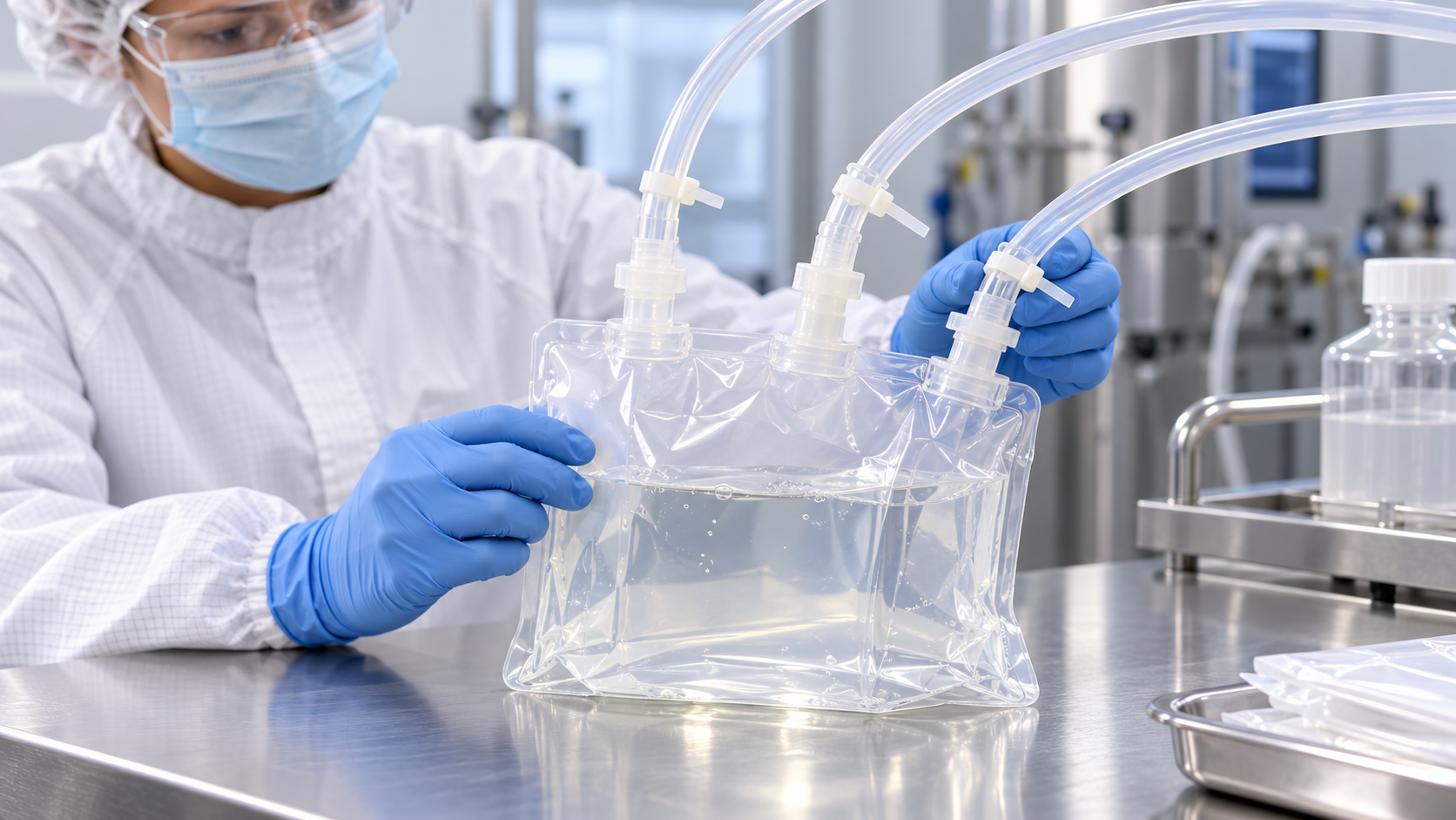 Strong-Ty® PVDF cable ties securing tubing connections on a single-use bioprocessing bag in a cleanroom.