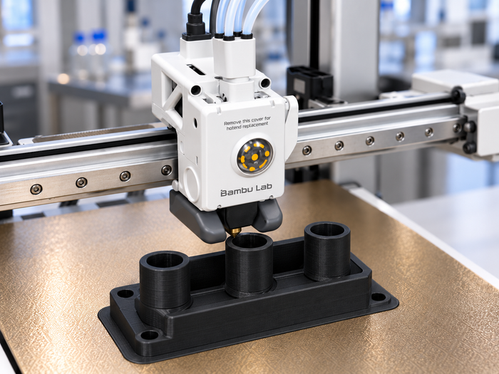 Close-up illustration of a Bambu A1 printing a matte-black industrial manifold with Fluorinar-B PVDF filament.