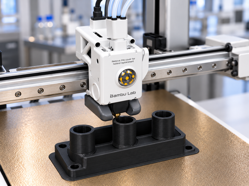 Close-up illustration of a Bambu A1 printing a matte-black industrial manifold with Fluorinar-B PVDF filament.