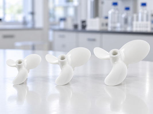 Three white Purisan™ PVDF mixing impellers in different sizes on a laboratory bench.