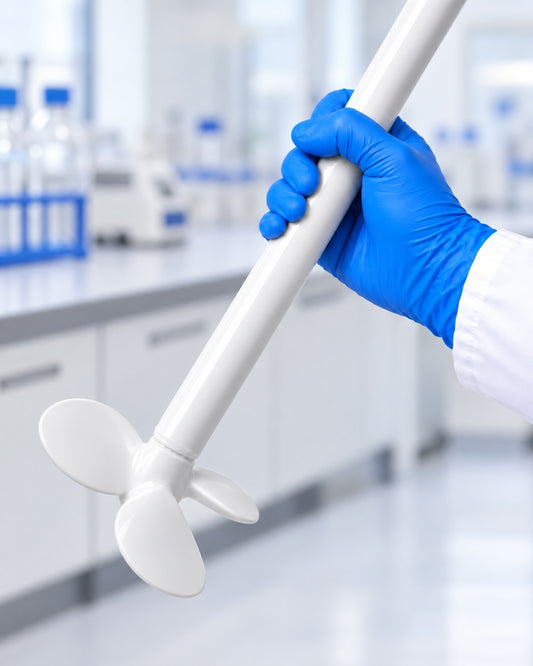 Gloved hand holding a white Purisan™ PVDF mixing impeller and shaft in a laboratory.