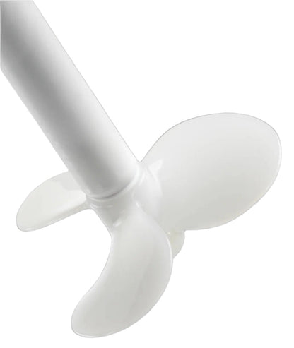 White Purisan™ PVDF mixing impeller on a shaft, viewed from below.