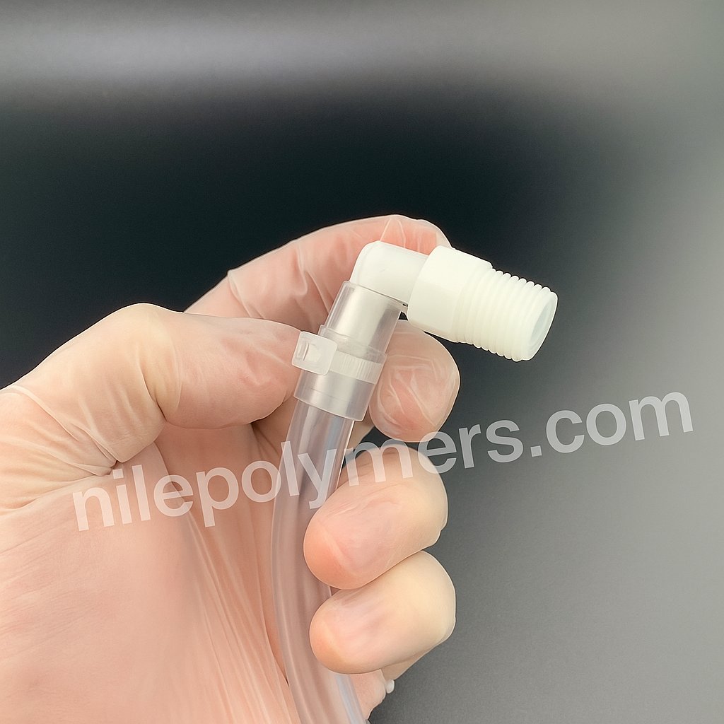 Strong-Ty cable tie locks a tube onto a outlet port for single-use bioprocessing bags