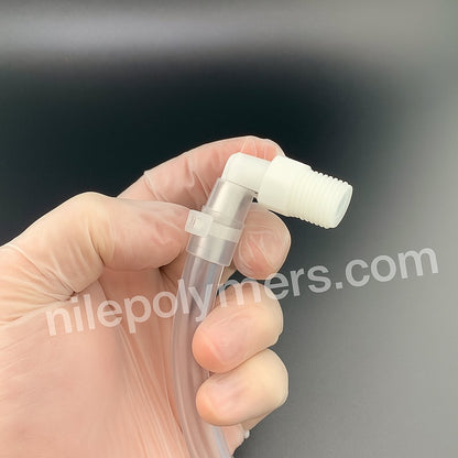 Strong-Ty cable tie locks a tube onto a outlet port for single-use bioprocessing bags