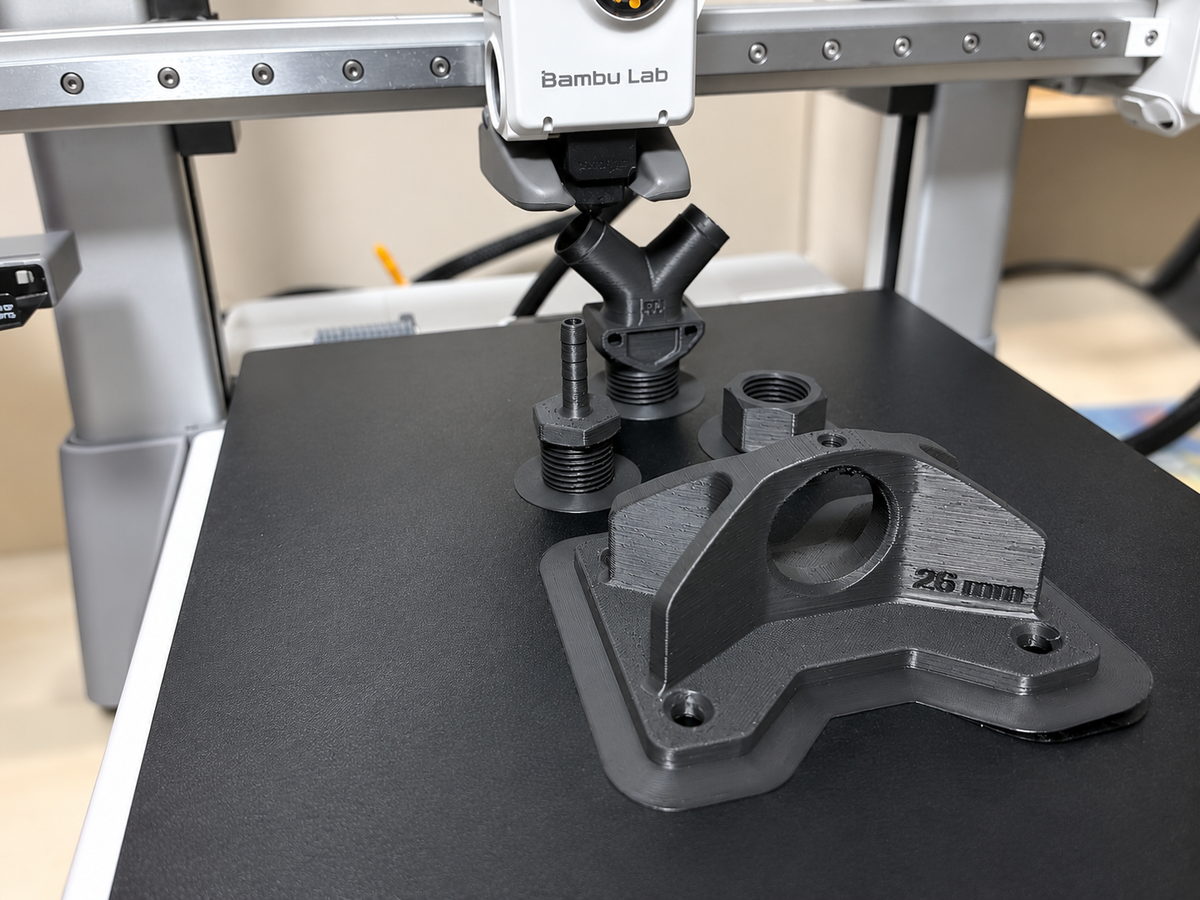 Fluorinar-B™ printed fittings and mounting bracket on a Bambu Lab A1 build plate